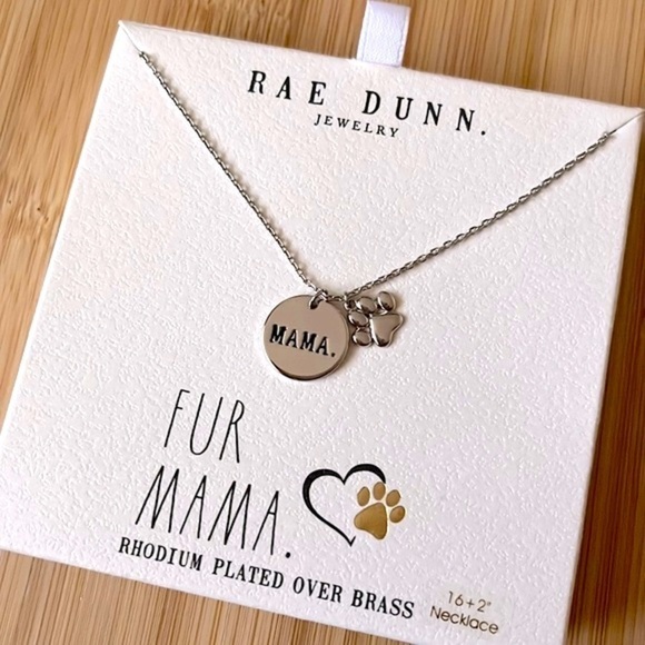 Brand New Rae Dunn Fur Mama Rhodium Plated Over Brass Necklace Dog Cat Lover Paw - Picture 2 of 12